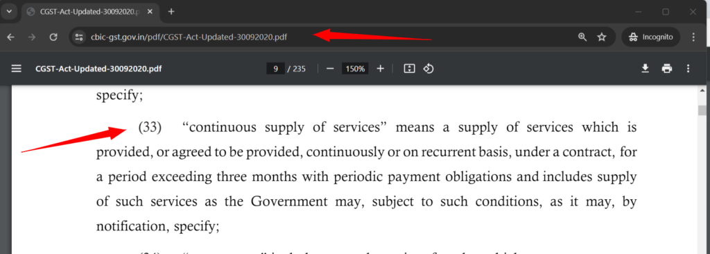 A computer screen displaying a PDF document titled "CGST Act Updated-30092020.pdf". The document explains the term "continuous supply of services" and includes a highlighted portion with a red arrow pointing to the section discussing the periodic payment obligations under a contract.